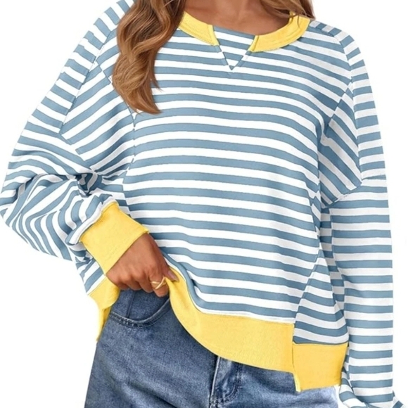 Merokeety Tops - Merokeety Striped Sweatshirt Blue and Yellow